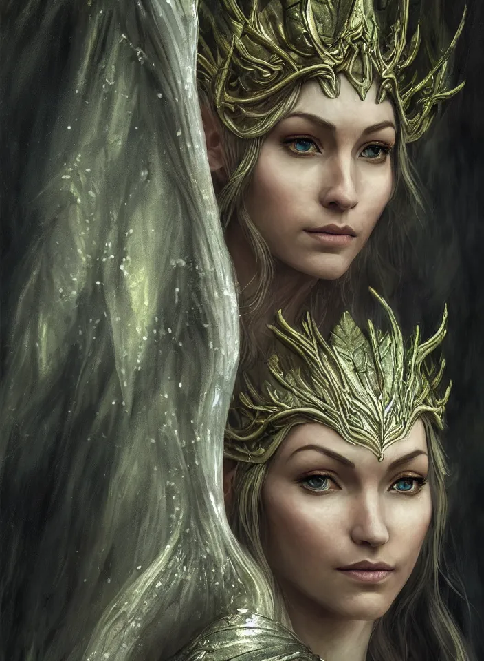 Image similar to a closeup portrait of an elven queen from skyrim wearing white mithril armor, fantasy setting, forest environment, serene colors, soft lighting, atmospheric, cinematic, moody, in the style of diego koi, gina heyer, luiz escanuela, art by alyssa monk, depth, hyperrealism, rule of thirds, golden ratio, oil on canvas, 8 k