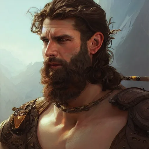 Image similar to portrait of a young rugged male barbarian, handsome, upper body, D&D, muscular, fantasy, intricate, elegant, highly detailed, digital painting, artstation, concept art, smooth, sharp focus, illustration, art by artgerm and greg rutkowski and alphonse mucha