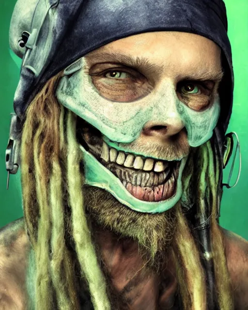 Image similar to an intimate portrait of a gnarly human cyberpunk pirate, old skin, faded hat, crooked teeth, green eyes, a look of menace, detailed matte fantasy painting