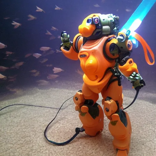 Image similar to a goldfish piloting a mech suit,