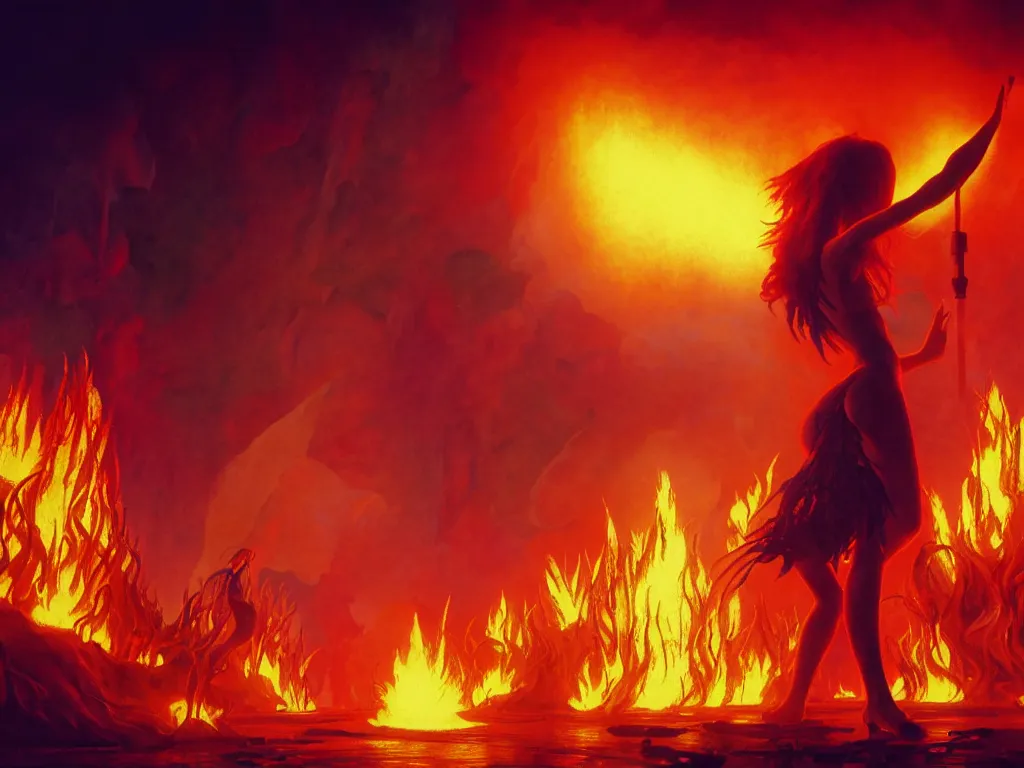 Image similar to live concert promotional photograph of a female rock singer in concert in hell, brightly lit stage centered and on fire, high contrast, stage lighting, pyrotechnics, ghibli animated film, volumetric lighting, octane render by stanley artgerm lau, greg rutkowski, thomas kindkade, alphonse mucha, loish, norman rockwel,