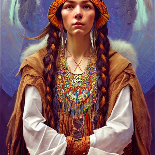 Prompt: a portrait of a female shaman, upper half portrait, decorated with russian motifs, russian shaman, siberia, traditional russia, intricate, elegant, highly detailed, symmetry, headpiece, digital painting, artstation concept art smooth sharp focus, illustration, art by artgerm and greg rutkowski alphonse mucha 8 k