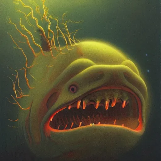 Prompt: a painting of a angler fish with a light in its mouth, a surrealist painting by zdzisław beksinski, behance contest winner, bioluminescence