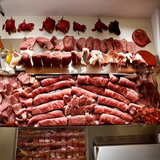 Image similar to an apartment made of meat and meat accessories, everything is meaty, edible living arrangements ( meat ). like it's all meat.