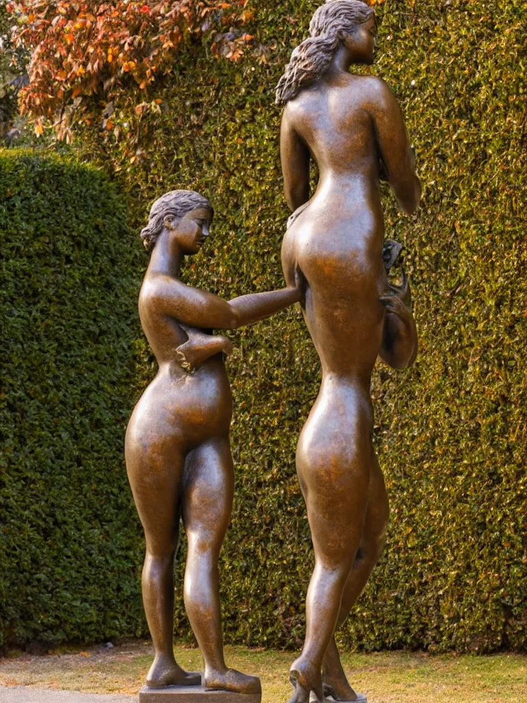 Image similar to detailed photo of old bronze patina statue of seductive curvy girl, super highly detailed, full body view, various poses, au blurry distant background with garden of ancient castel, photorealism, intricate detail, museum diffuse lighting, autumn sunlights
