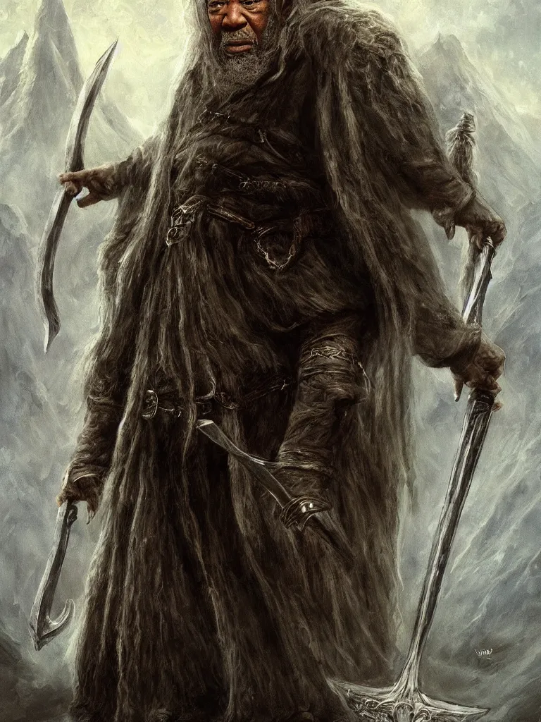 Image similar to morgan freeman starring as gimli in lord of the rings, full body, epic dark fantasy horror stylized oil painting by ivan shiskin. trending on artstation