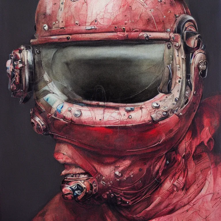 Prompt: hyperrealistic detailed higher angle portrait of a character in fighter pilot helmet, rich deep colors, ultra detail, by francis bacon, james ginn, petra courtright, jenny saville, gerhard richter, zdzisaw beksinski, takato yamamoto. masterpiece, elegant fashion studio ighting 3 5 mm