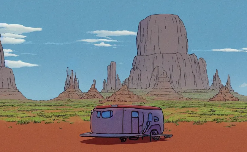 Image similar to a cell - shaded studio ghibli concept art from paprika ( 2 0 0 6 ) of a multi - colored spaceship from close encounters of the third kind ( 1 9 7 7 ) sitting on top of a lush temple that looks like monument valley stonehenge jungle. a caravan is in the foreground. very dull colors, portal, hd, 4 k, hq