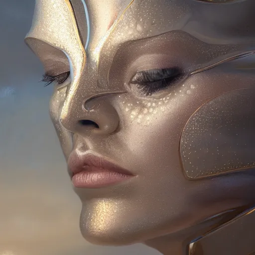 Image similar to a metallic landscape in the shape of a face by wlop and tony sart, god rays, fantasy art, 4 k, hdr, photorealistic, 8 k, trending on artstation