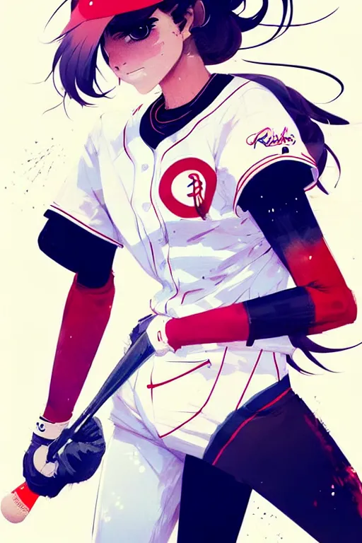 Image similar to a ultradetailed beautiful panting of a stylish girl in a baseball uniform, by conrad roset, greg rutkowski and makoto shinkai, trending on artstation