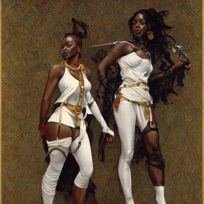 Prompt: african domme mistress, dominatrix full body, dominatrix, tribal, smooth white tight clothes, ornate, very beautiful, concept art, realistic painting, digital art by greg rutkowski, by alphonse mucha