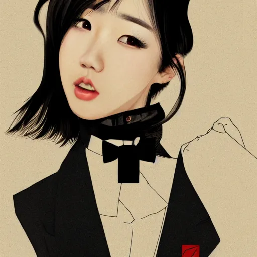 Image similar to portrait of a beautiful korean girl wearing a men's tuxedo, with short messy hair, men's haircut, angular features, angry expression, digital art, elegant pose, detailed illustration