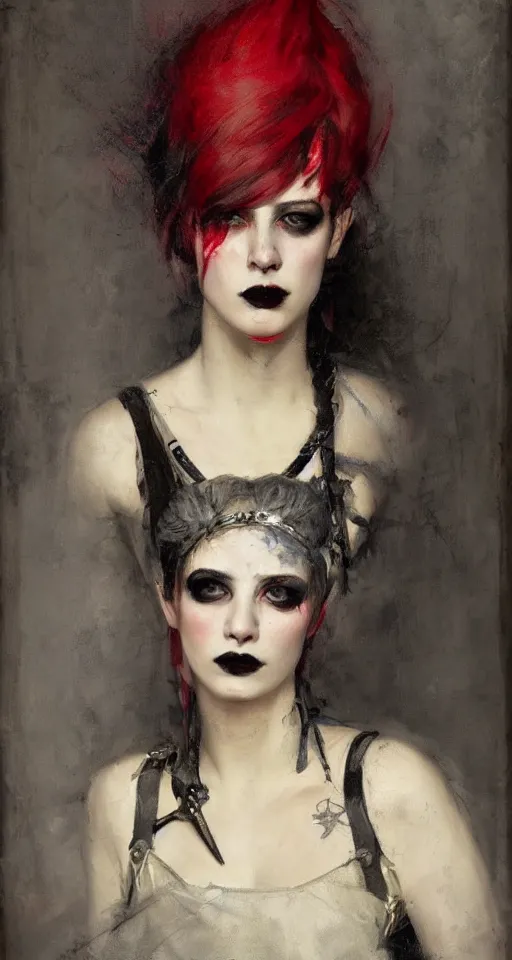 Prompt: Solomon Joseph Solomon and Richard Schmid and Jeremy Lipking victorian genre painting portrait painting of a young beautiful woman punk rock goth with punk rock haircut in fantasy costume, red background