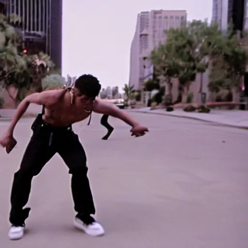 Image similar to Film still of Los Angeles Vice Squad (2012). Thug ninja break dance scene. Sigma 85mm f/8