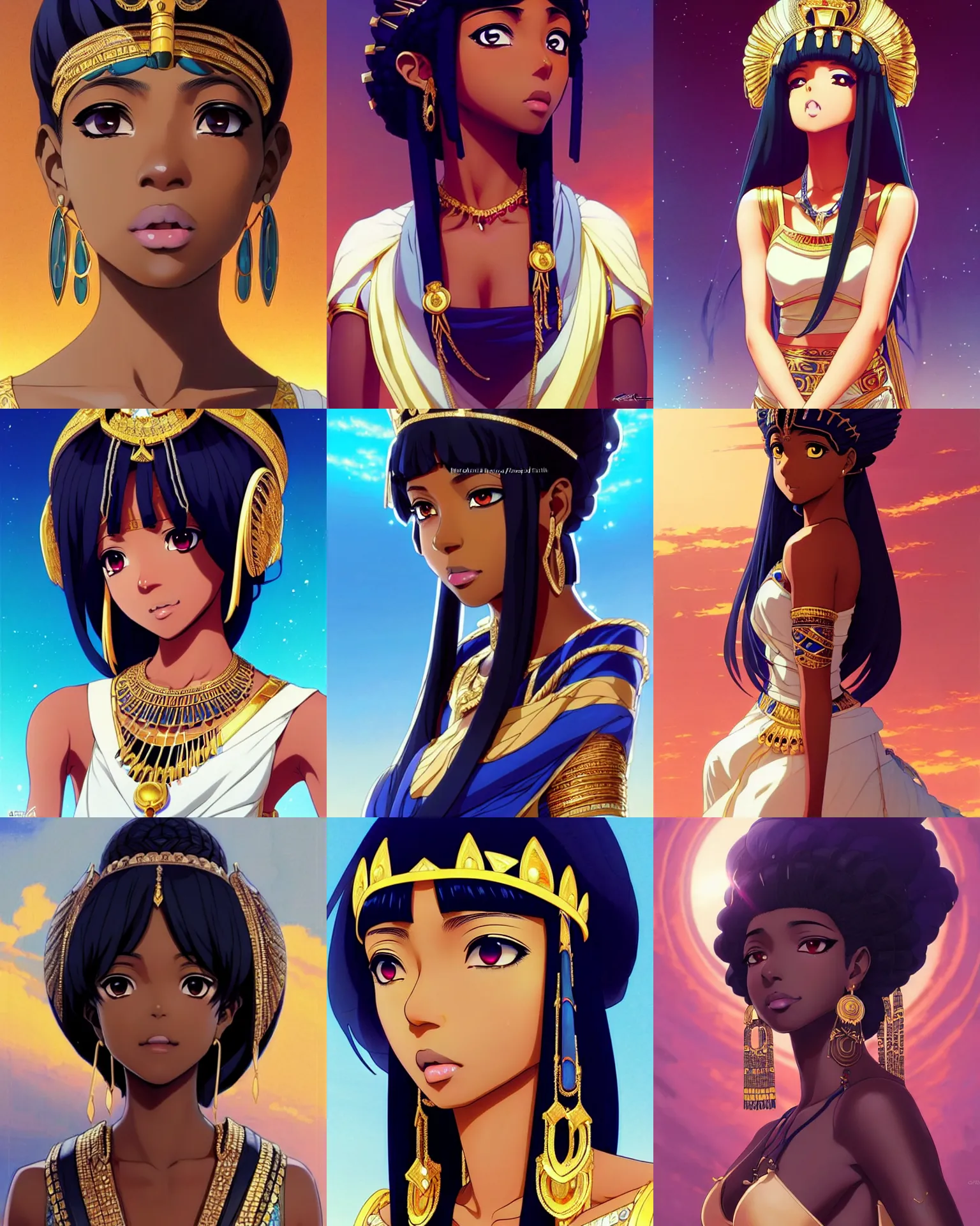 Prompt: A beautiful young dark-skinned anime middle eastern Queen Cleopatra || VERY VERY ANIME!!!, fine-face, pretty face, realistic shaded Perfect face, fine details. Anime. realistic shaded lighting poster by Ilya Kuvshinov katsuhiro otomo ghost-in-the-shell, magali villeneuve, artgerm, Jeremy Lipkin and Michael Garmash and Rob Rey