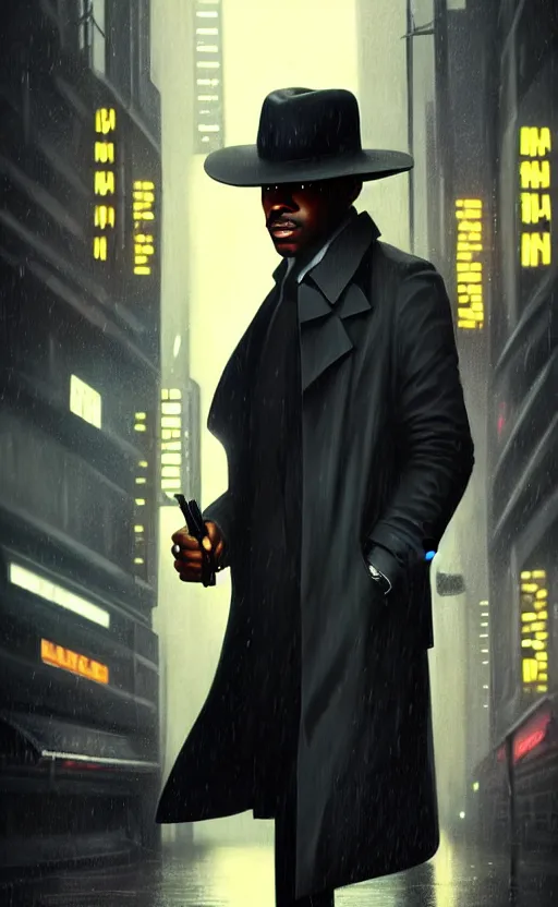 Prompt: hyper - realistic, digital matte painting of an attractive black male detective wearing a fedora, suit and trench coat, blade runner environment, cinematic lighting, 4 k textures, sharp focus, by greg rutkowski, by ilya kuvshinov, by eric - anthony johnson