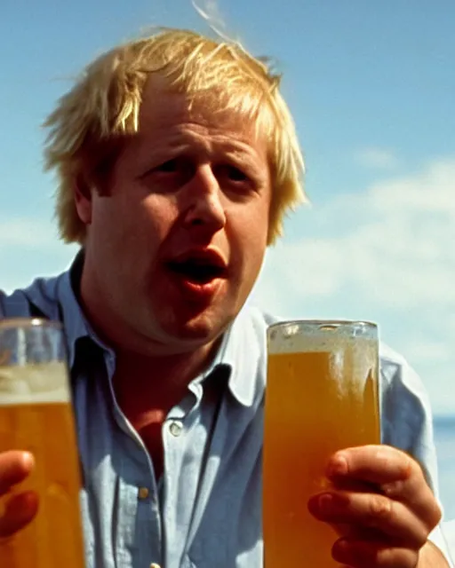 Image similar to film still close - up shot of boris johnson drinking a beer on the beach from the movie monty python's the meaning of life. photographic, photography