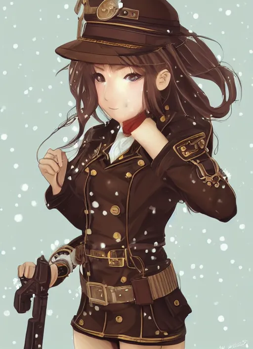 Prompt: girl with steampunk weapons and uniform, serious, intense, finely detailed, made by artgerm, full body portrait, illustration, snow, snowing, cloudy, anime, side view, perfect anime face, realistic face, zoomed out, smooth, brown eyes, high waisted shorts, sharp focus