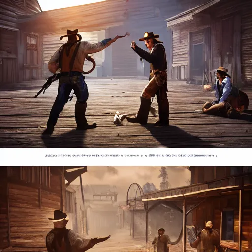 Prompt: a fight between 2 cowboys, in a saloon with broken furniture, in the style of rockstar red dead redemption 2, concept art, 8 k, trending on artstation, brushstrokes