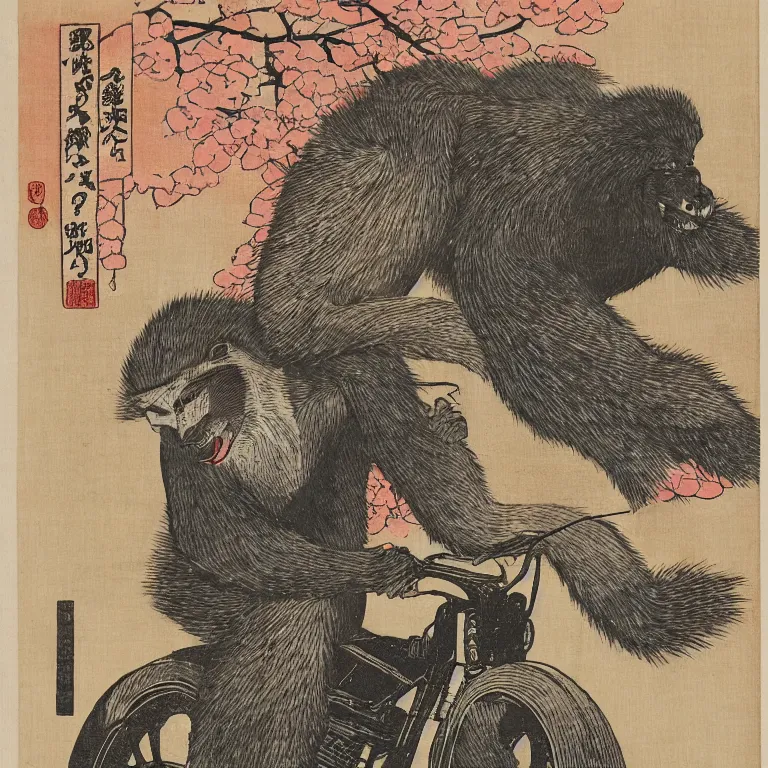Image similar to a japanese woodblock print of bigfoot riding a motorcycle with cherry blossoms