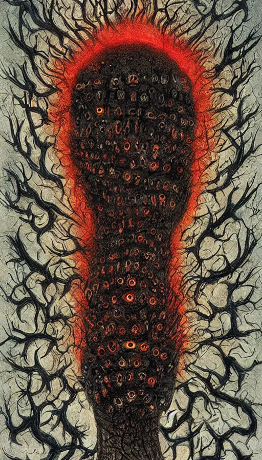 Image similar to a storm vortex made of many demonic eyes and teeth, by dan witz