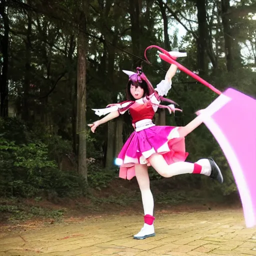 Image similar to a real-life mahou shoujo girl flying using a magic attack in a magic battle scene