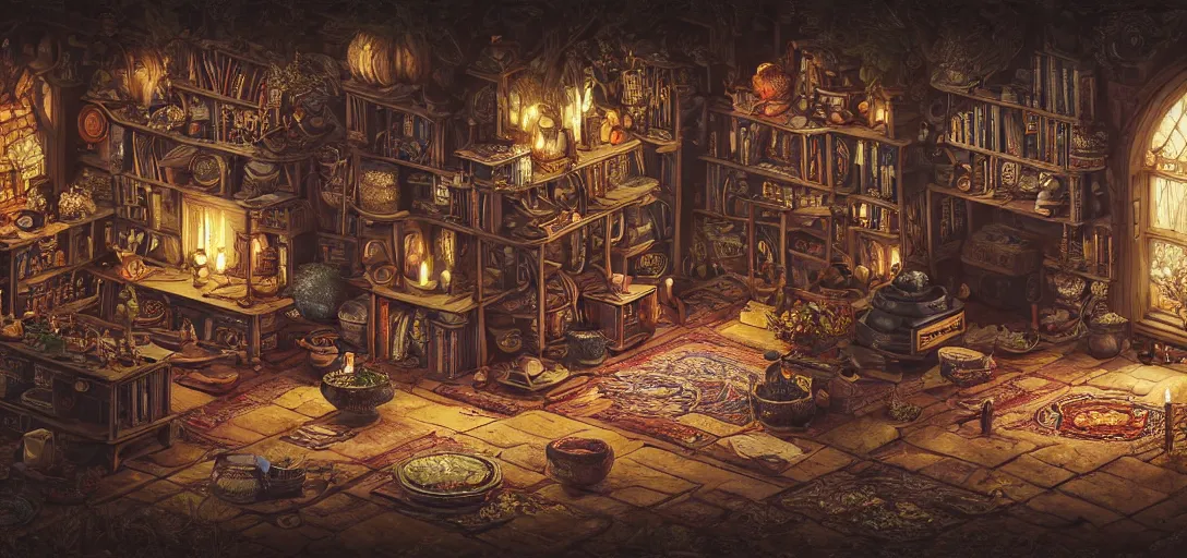 Prompt: a detailed isometric octane render of the interior of a wizard's home by Reann Chou and Justin Gerard, potions, herbs and flowers, large black kettle on hearth, black cat, bed, tapestry, bookshelf, detailed patterned rug, candles, alchemical equipment, glass labware, detailed shading, volumetric lighting, 8k