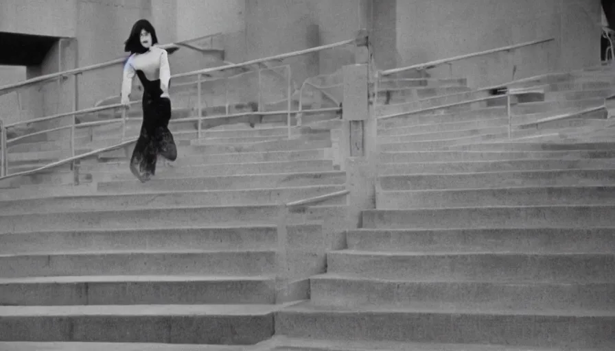 Image similar to 60s movie still of a white japanese female phantom running in infinite stairs, eastmancolor, heavy grain, high quality, higly detailed, liminal space