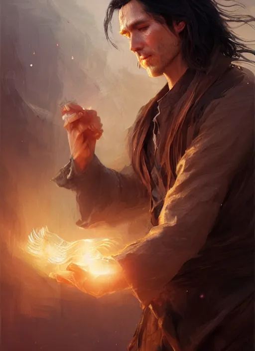 Image similar to side profile of a man with long black hair in brown rags holding a magical orb, fantasy, intricate, sharp focus, lens flare, bloom, illustration, highly detailed, digital painting, concept art, matte, art by ruan jia and wlop and greg rutkowski, masterpiece