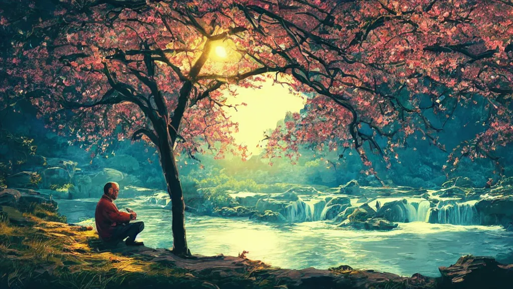 Image similar to featured on artstation walter white sitting under a cherry tree overlooking valley waterfall sunset beautiful image stylized digital art