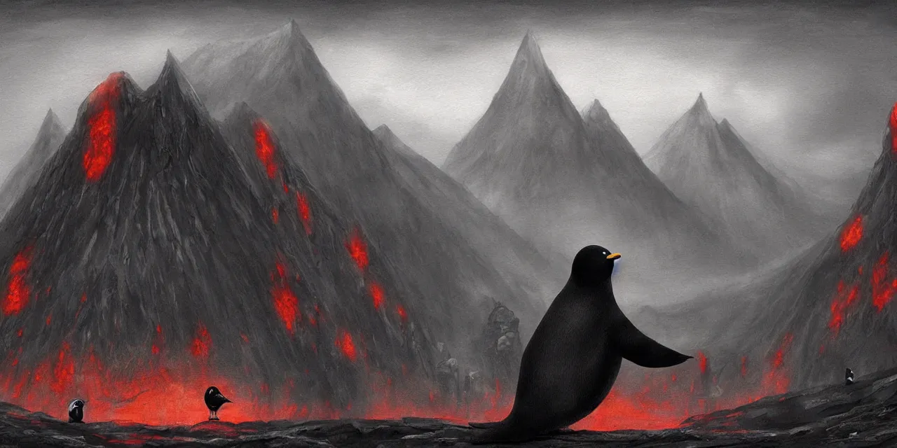 Prompt: epic painting of pingu walking in mordor in the style of John Howe