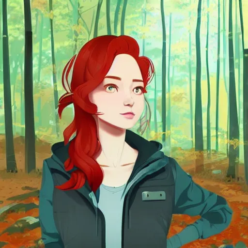 Image similar to a beautiful young woman with red hair hiking through an autumnal forest, clean cel shaded vector art. shutterstock. behance hd by lois van baarle, artgerm, helen huang, by makoto shinkai and ilya kuvshinov, rossdraws, illustration, art by ilya kuvshinov