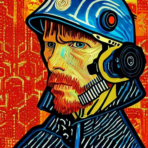 Image similar to Illustrated by Shepard Fairey and H.R. Geiger | Cyberpunk VAn Gogh with VR helmet, surrounded by cables