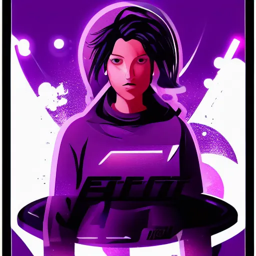 Image similar to poster artwork, sci fi, a female, full body, black hoodie techie, black hair with purple streaks, 8 k