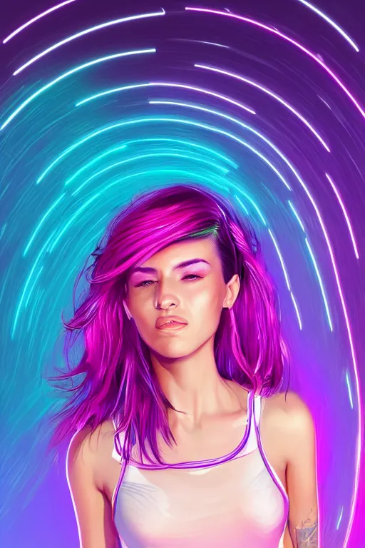 Image similar to a award winning half body portrait of a beautiful woman in a croptop and cargo pants with ombre purple pink teal hairstyle and hands in pockets by ari liloan, surrounded by whirling illuminated lines, outrun, vaporware, shaded flat illustration, digital art, trending on artstation, highly detailed, fine detail, intricate