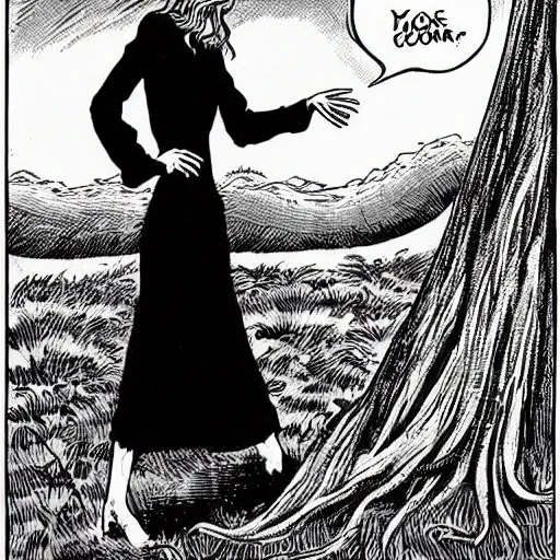 Prompt: tall slender woman with long grey hair in a black dress walking out of a swamp, by ec comics,