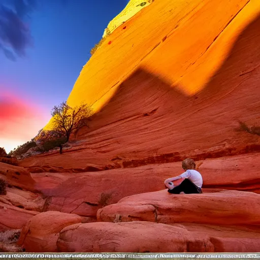 Image similar to award winning cinematic still of man studying the bible in zion national park, rock formations, colorful sunset, epic, cinematic lighting, dramatic angle, heartwarming drama directed by Steven Spielberg, wallpaper