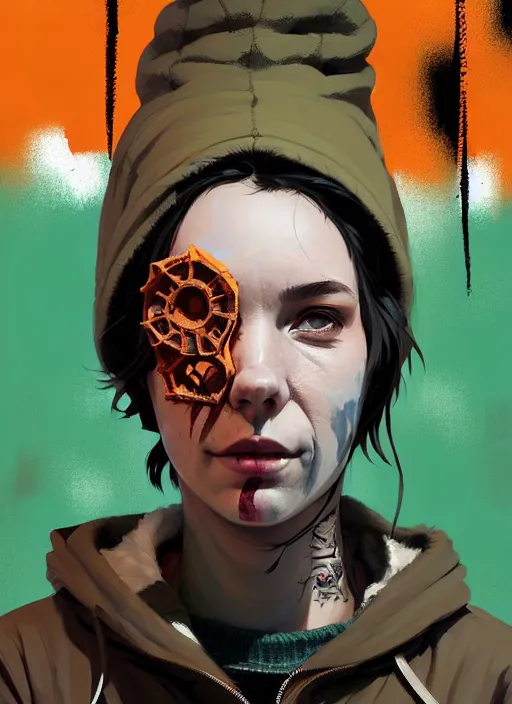 Prompt: highly detailed portrait of a sewer punk seattle lady, tartan hoody, by atey ghailan, by greg rutkowski, by greg tocchini, by james gilleard, by joe fenton, by kaethe butcher, gradient green, brown, blonde crea, orange, brown and white color scheme, grunge aesthetic!!! ( ( graffiti tag wall background ) )