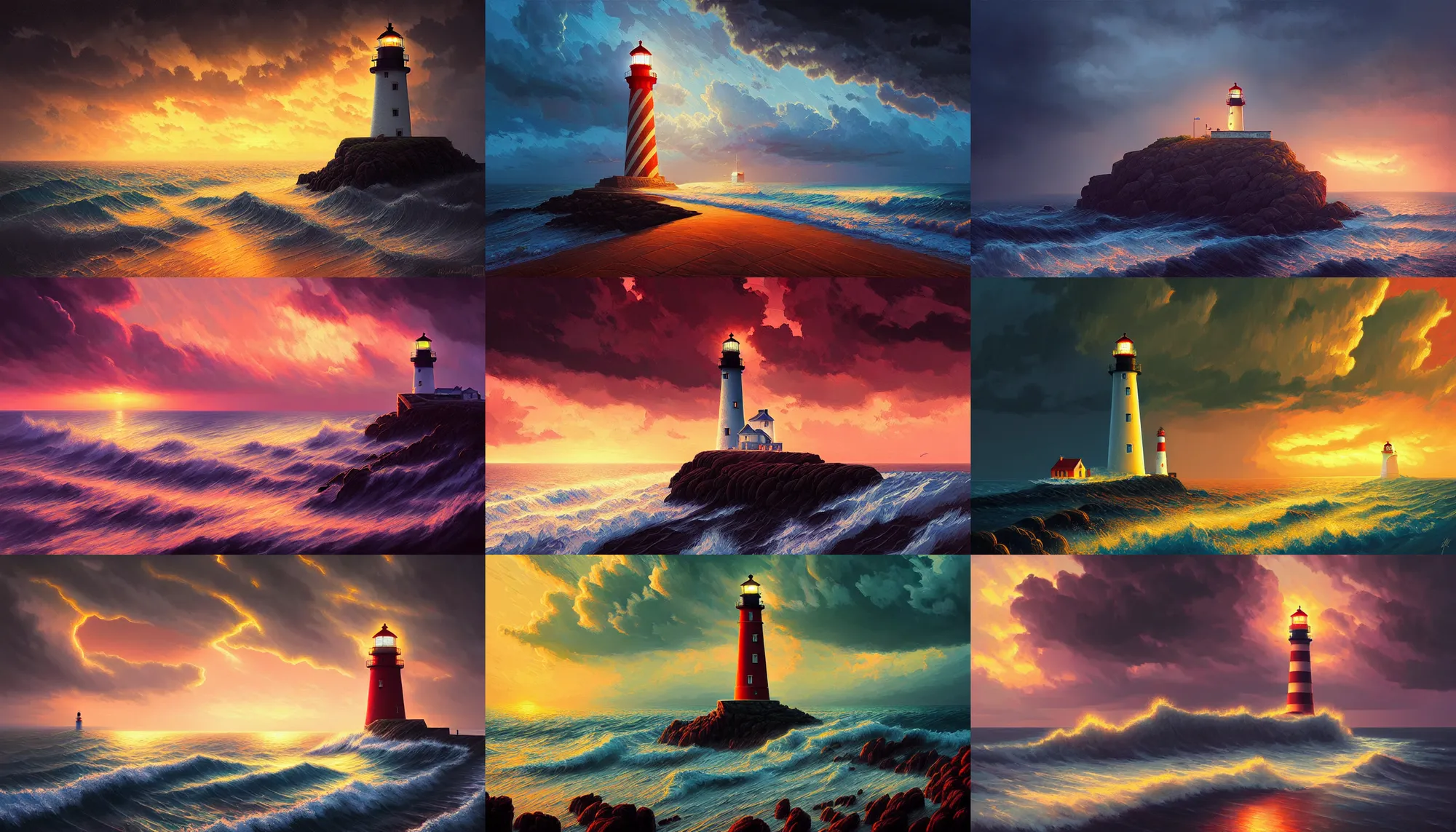 Prompt: lighthouse during a storm at sunset, path traced, highly detailed, high quality, digital painting, alena aenami, lilia alvarado, shinji aramaki, karol bak, alphonse mucha, tom bagshaw