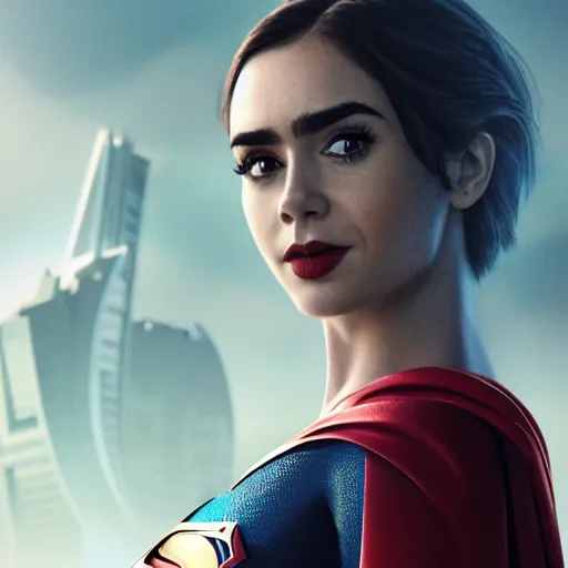 Image similar to a potrait of Lily Collins as Supergirl with man of steel suit style by Greg Rutkowski, Sung Choi, Mitchell Mohrhauser, Maciej Kuciara, Johnson Ting, Maxim Verehin, Peter Konig, 8k photorealistic, cinematic lighting, HD, high details, dramatic, trending on artstation, full body shot