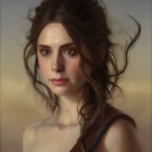 Image similar to a portrait painting of alison brie / anne hathaway / rachel lane hybrid in the oil painting unreal 5 daz. rpg portrait, extremely detailed artgerm greg rutkowski alphonse mucha vladimir volegov