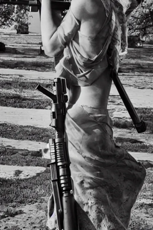 Prompt: a beautiful woman carrying a giant oversized gun, real photo