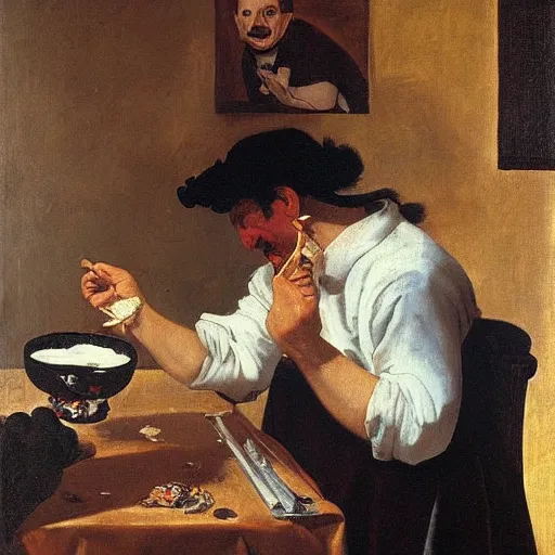 Image similar to a painting of a frustrated painter eating ice cream in diego velazquez style