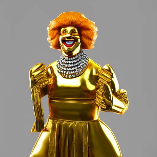 Image similar to a still of ronald mcdonald surrounded by gold and diamonds, award - winning, photograph, 3 d render, unreal engine, 4 k detailed