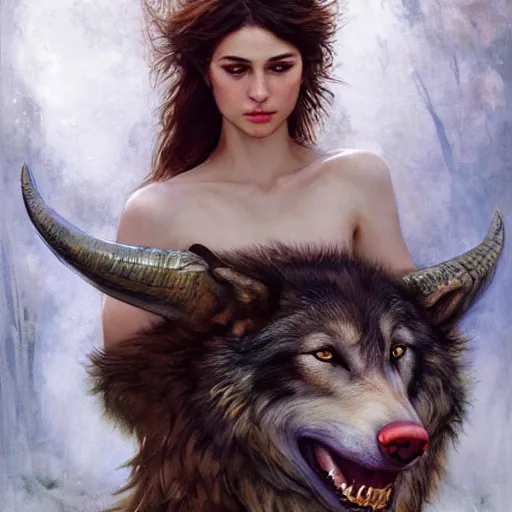 Image similar to of a beautiful brunette women with a wolf, intricate skin, fur, silicone cover, elegant, peaceful, full body, horns, hyper realistic, extremely detailed, dnd character art portrait, fantasy art, intricate fantasy painting, dramatic lighting, vivid colors, deviant art, artstation, by edgar maxence and caravaggio and michael whelan and delacroix