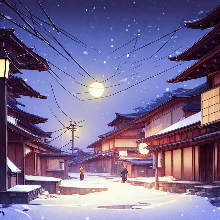 Image similar to empty rural japanese town at night, winter, in the style of studio ghibli, j. c. leyendecker, greg rutkowski, artem