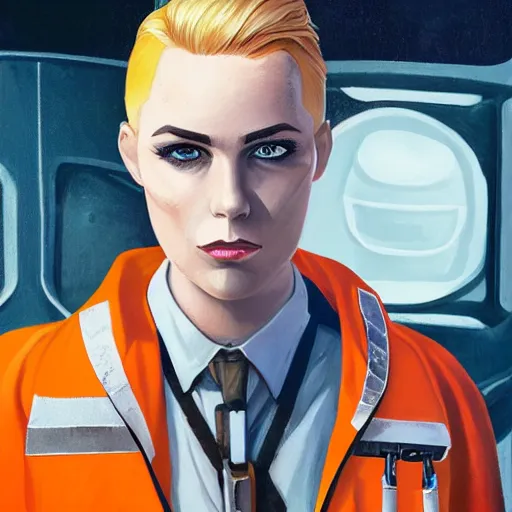 Prompt: character concept art of heroic stoic emotionless butch blond handsome woman engineer with very short slicked - back butch hair, narrow eyes, wearing atompunk jumpsuit, orange safety vest, retrofuture, highly detailed, science fiction, illustration, oil painting, pulp sci fi