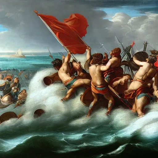 Prompt: Roman legion doing battle with the ocean, classicism, romanticism, Renaissance, artwork, hyper detailed, 4k l, masterpiece, Divine work