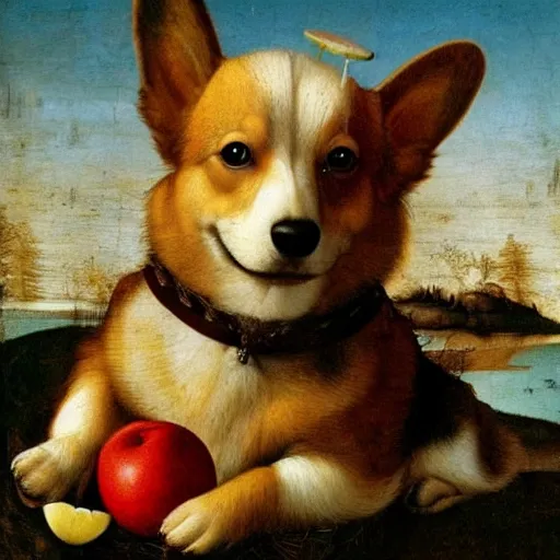 Image similar to corgi with an apple on its head, 4 k, leonardo da vinci