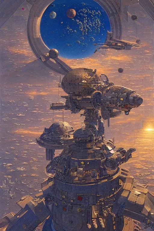 Prompt: space privateer of the reach, painted by james c. christensen and robert mccall, trending on artstation, soft illumination microscopic view abstract illusionism, in the silver hour, bokeh, avant - garde